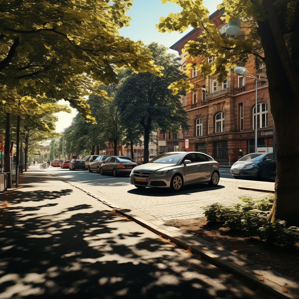 City Street with Trees and Parked Cars