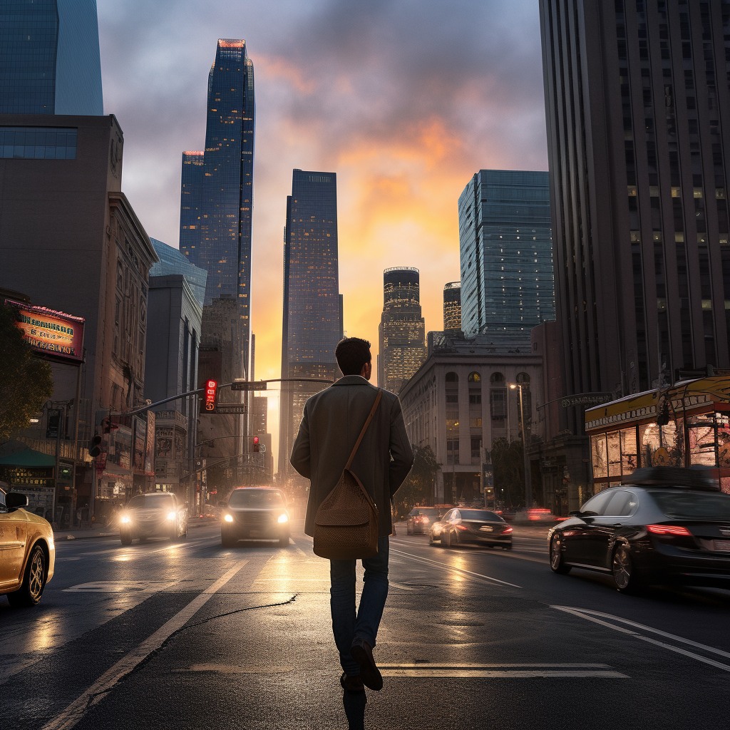 Man Walking on City Street at Sunset