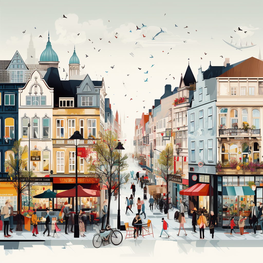 Street scene with people, shops, and restaurants