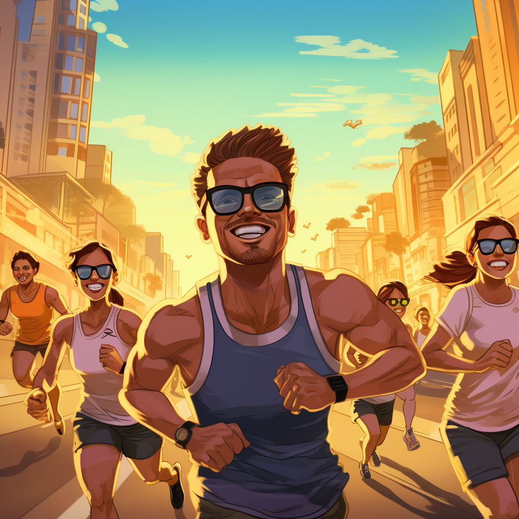 Group of runners wearing sunglasses on city track