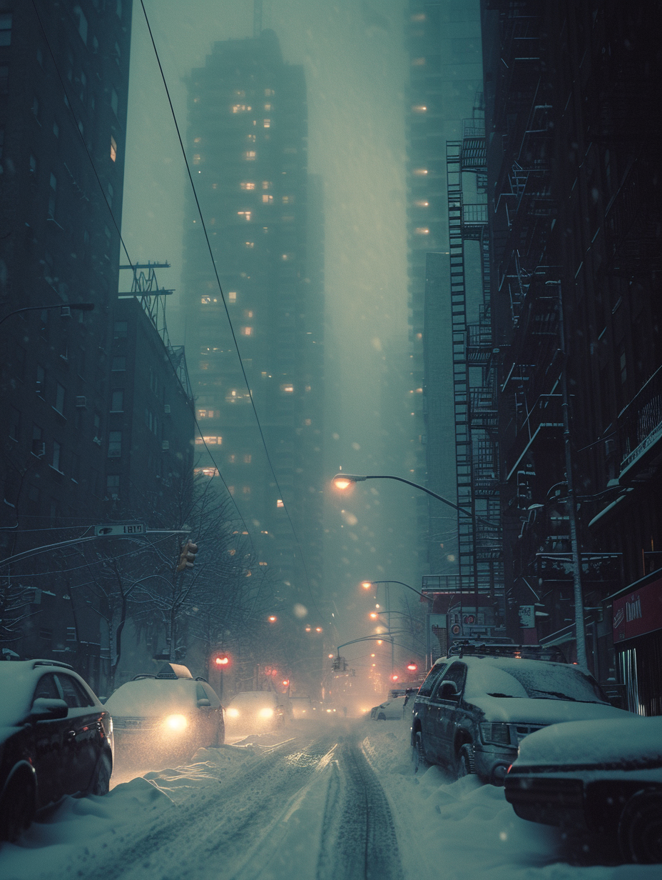 Moody cityscape with atmospheric lighting in the snow