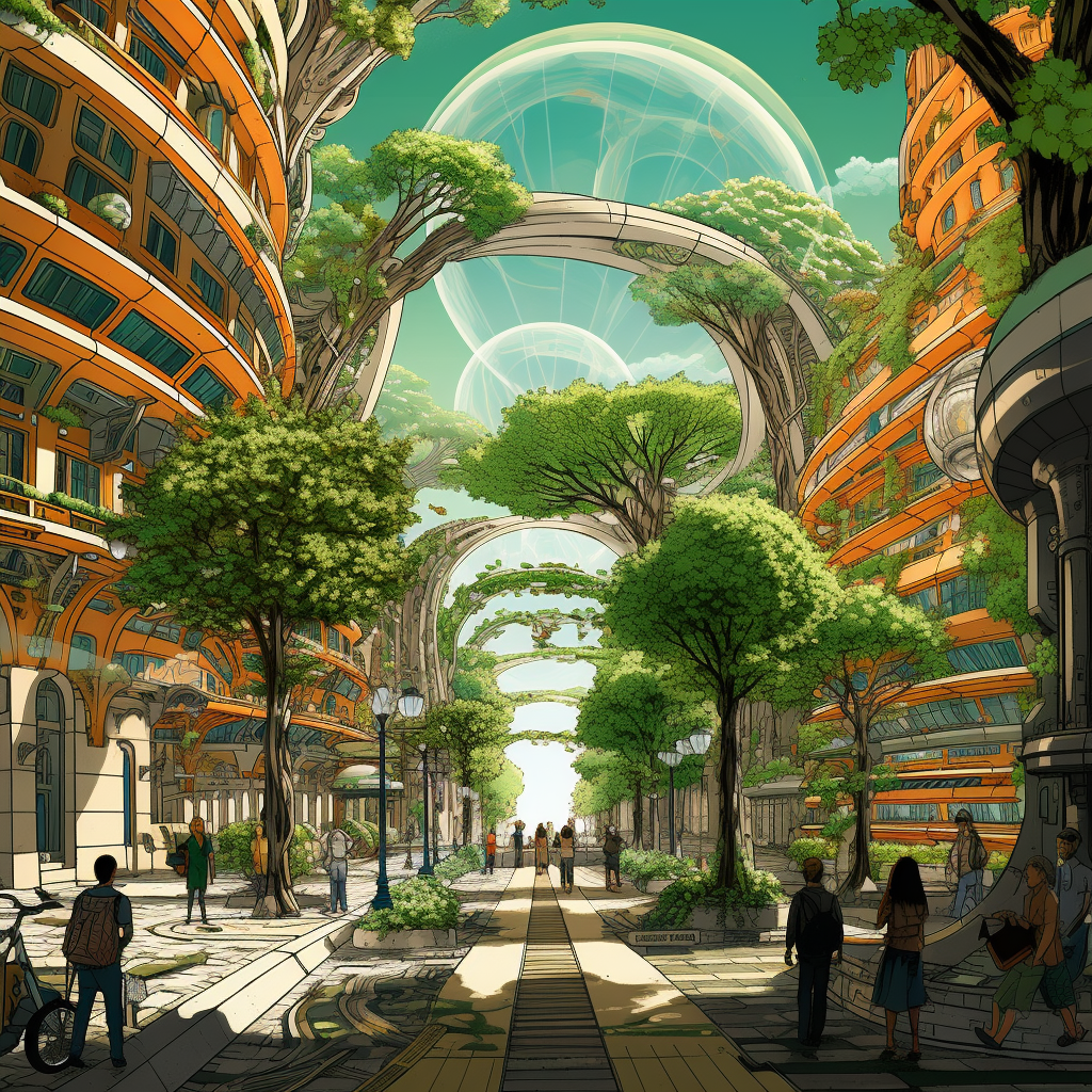 Futuristic cityscape with life pods and trees