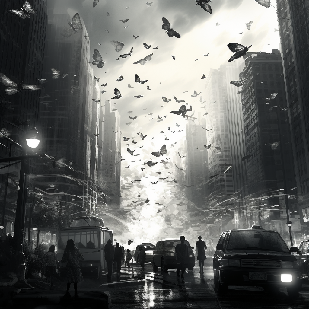 Monochrome cityscape with butterfly in flight