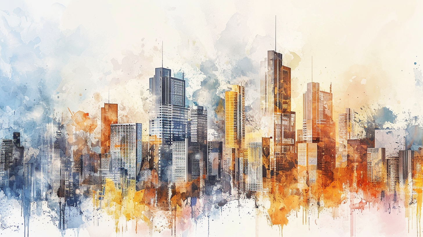 Watercolor cityscape in midst of transformation