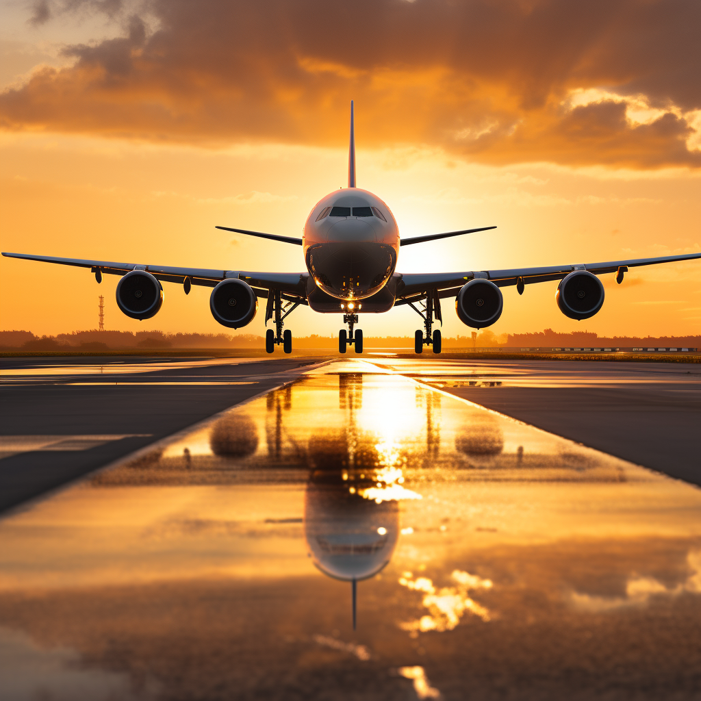 Civil aircraft making a soft landing at sunset