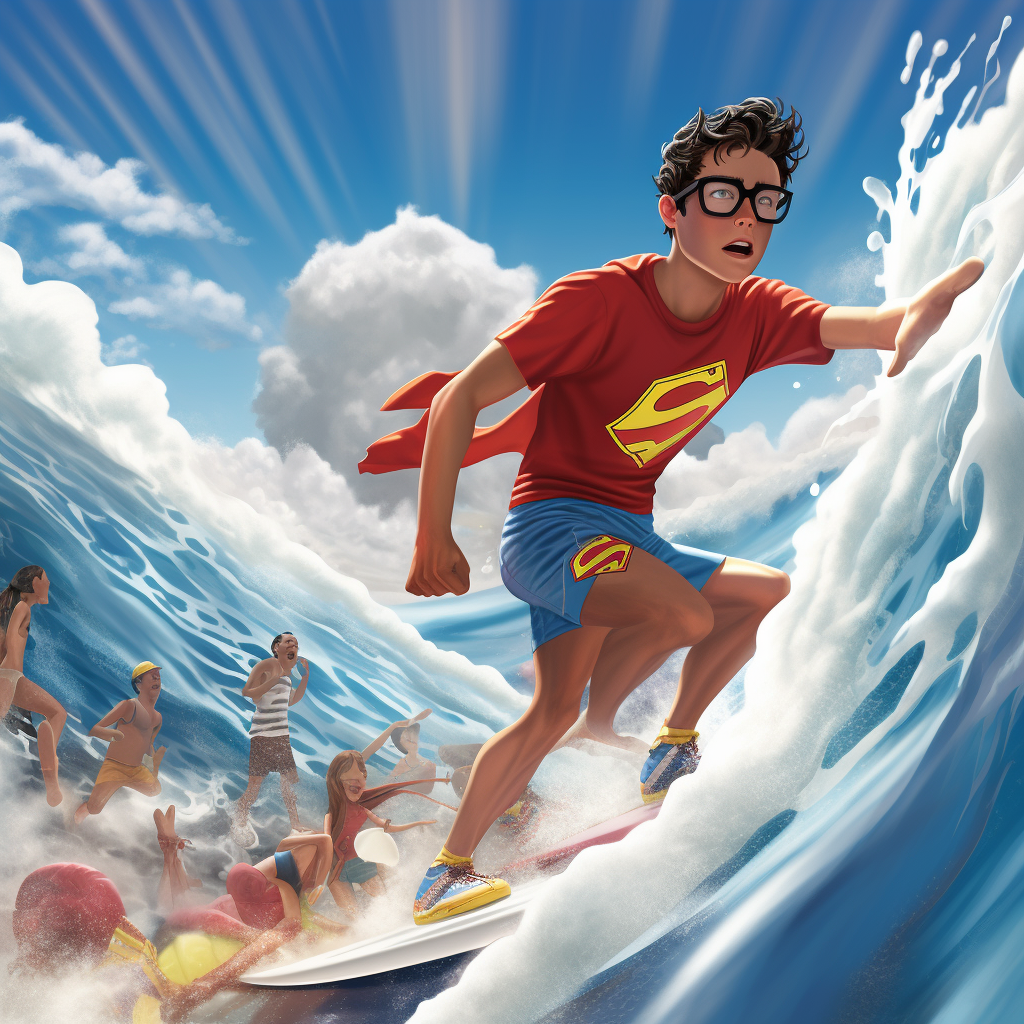 Young Clark Kent using ice breath on giant wave