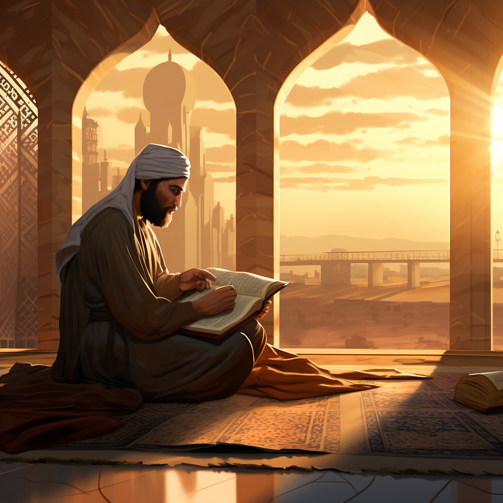 Cartoon of Muslim Man Reading Book at Mosque