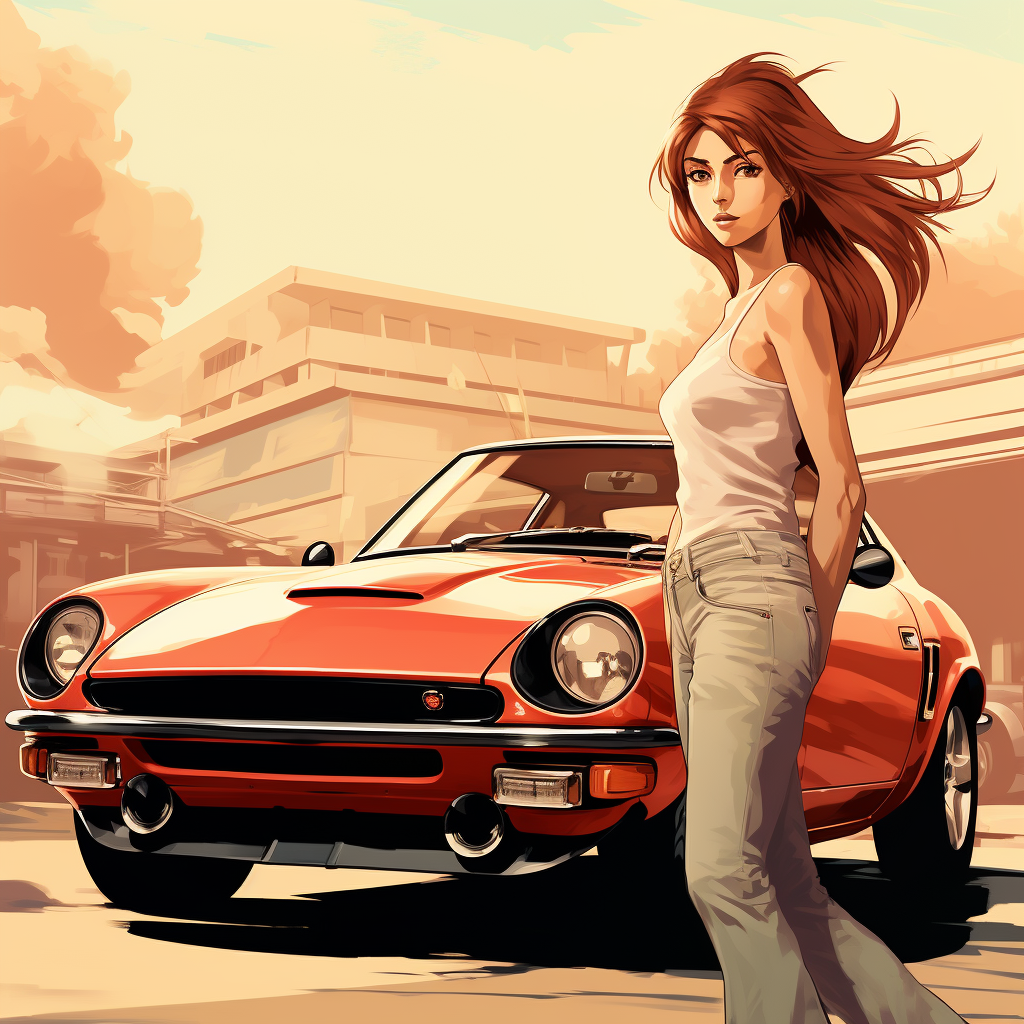 Anime girl with classic Datsun Z car