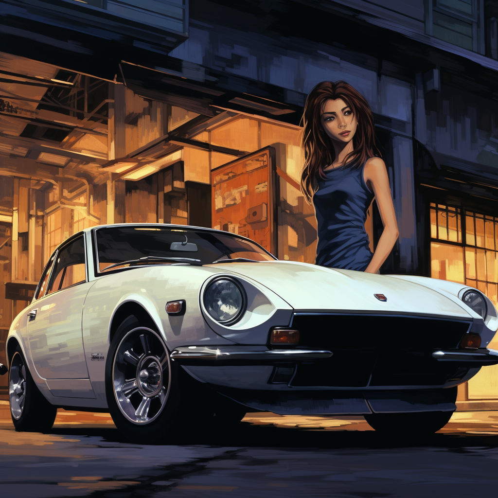 Woman waiting in front of classic Datsun Z car