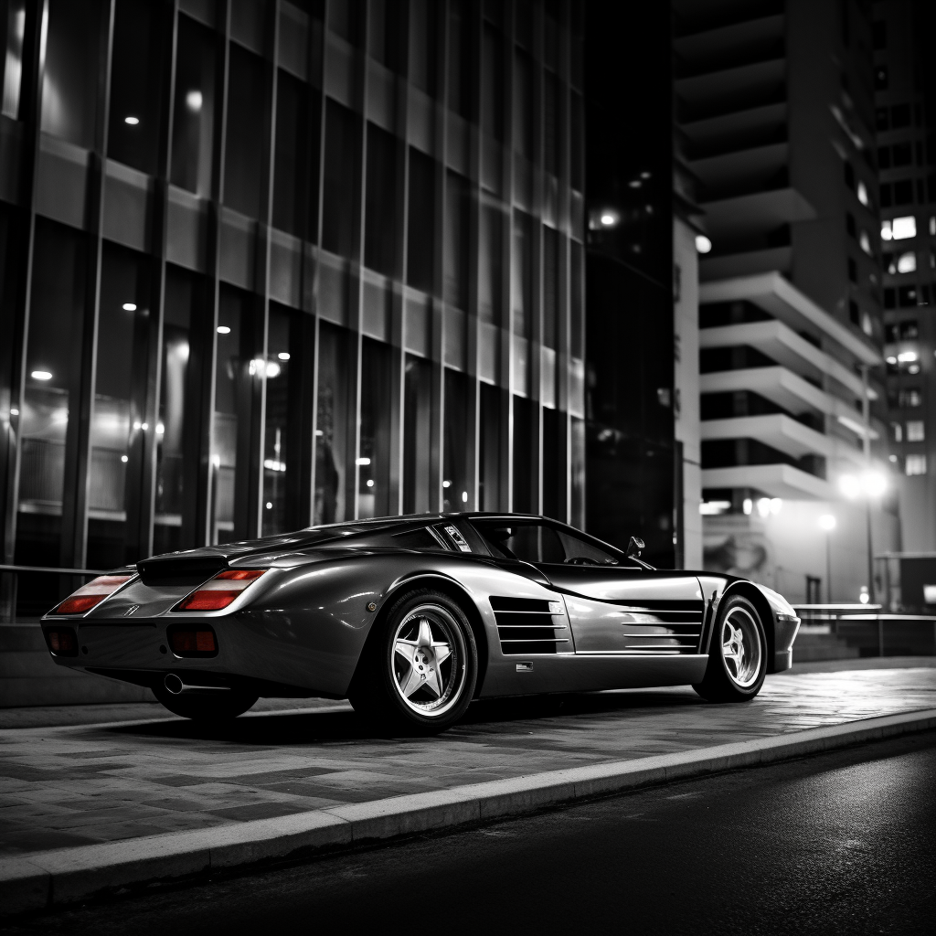 Side view of classic Ferrari Testarossa in front of brutalist building