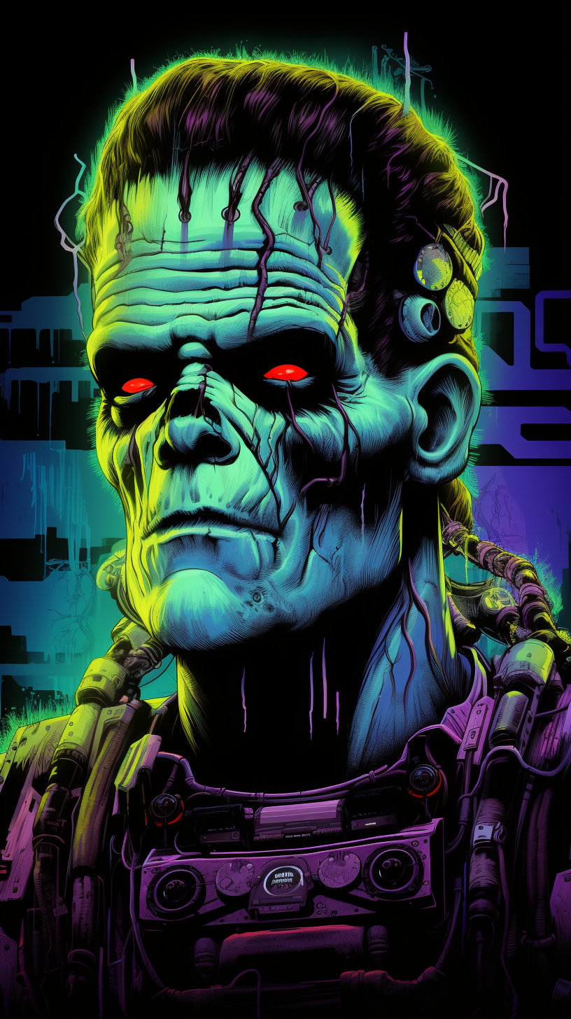 Frankenstein Monster Skeleton in 80s Vapor Wave Style