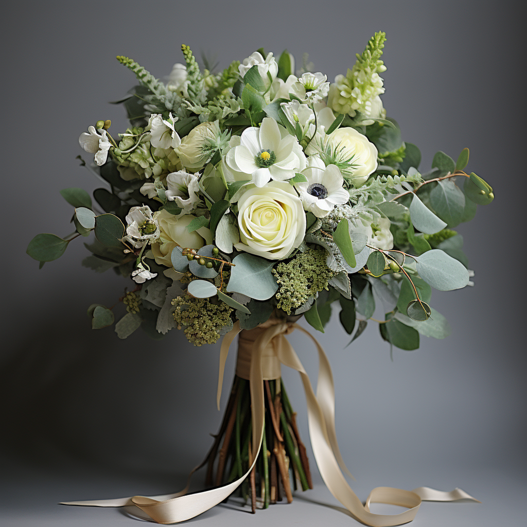 Beautiful white and green Italian wedding bouquet with ranunculus and eucalyptus