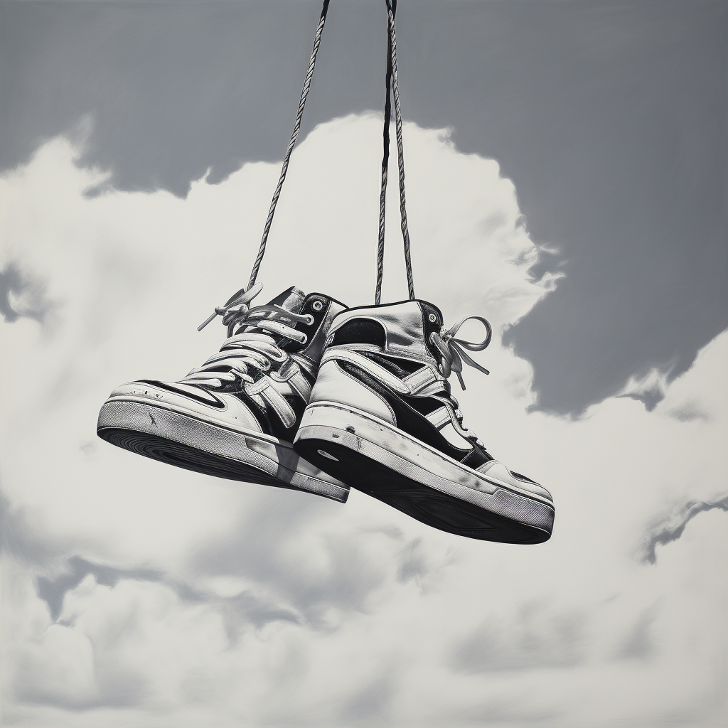 black and white sneakers hanging from telephone wire