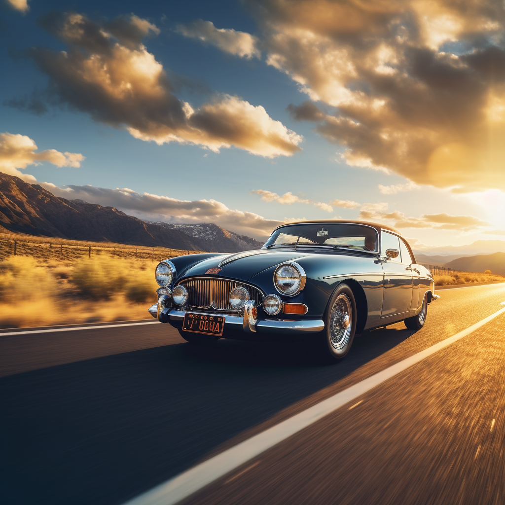 Classic car driving on scenic road