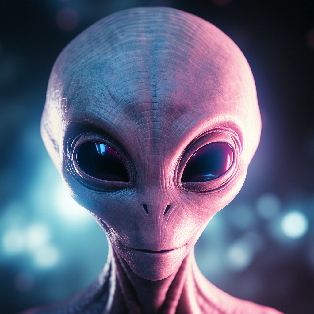 Highly detailed grey alien face with pink glowing eyes