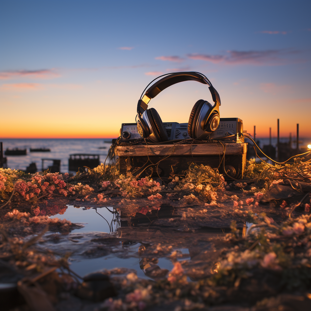 Levitating classic microphone and headphones in ocean twilight