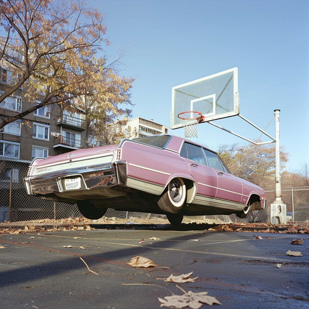 Shiny pink and white classic sedan car