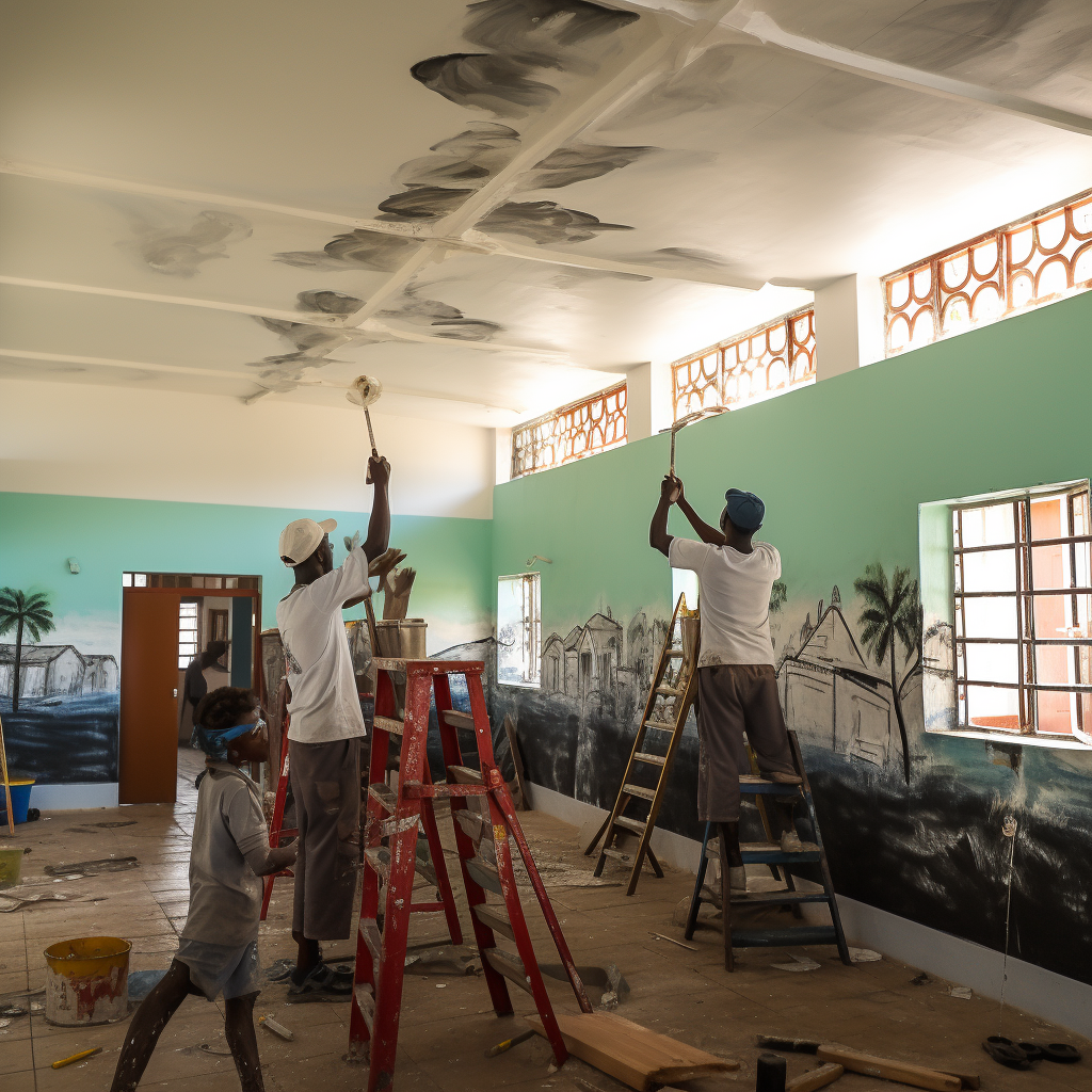 Workers renovating primary school classroom