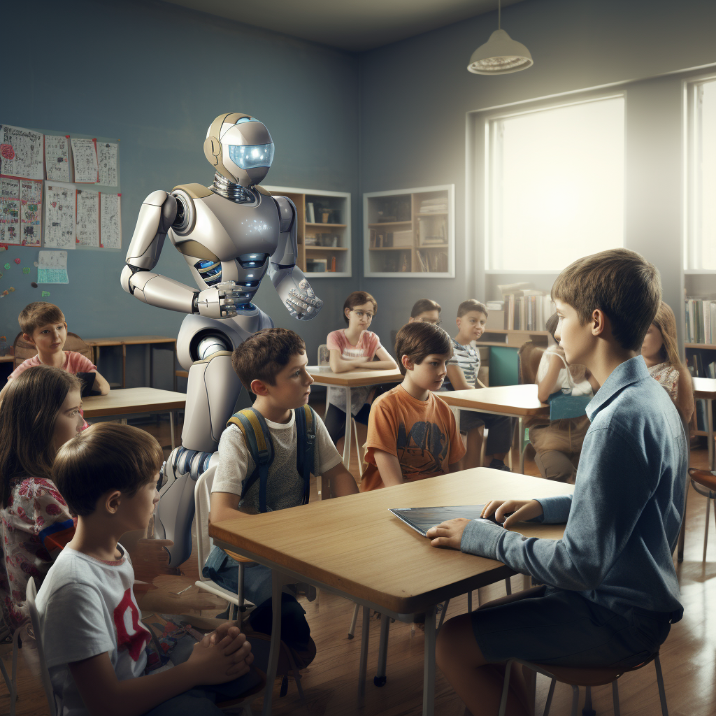 Classroom with friendly robot priest teaching