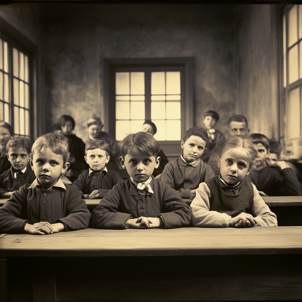 School children in classroom, facing camera