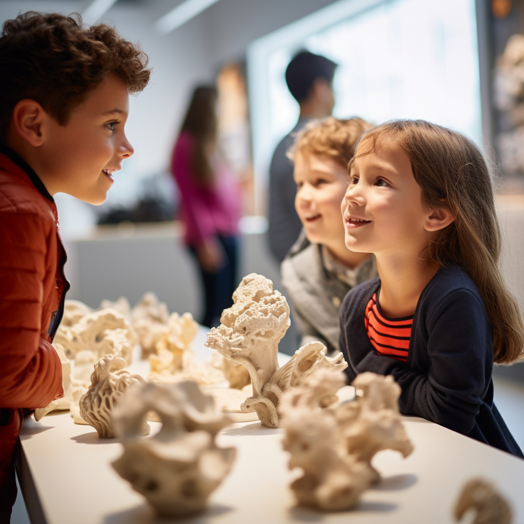 Children observing 3D printed sculptures