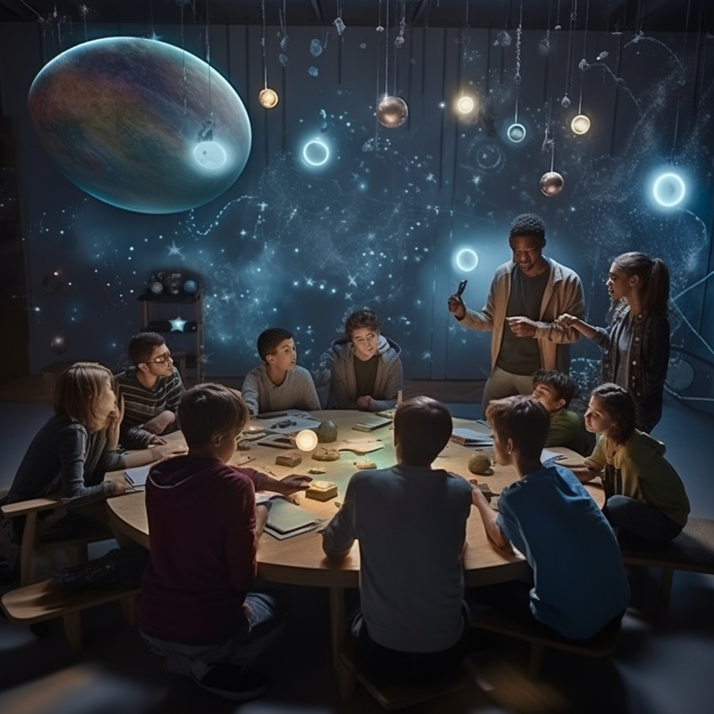 Teenagers discussing stars and planets in classroom