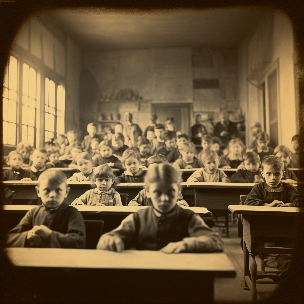 Curious and expressive school children in 1885 classroom