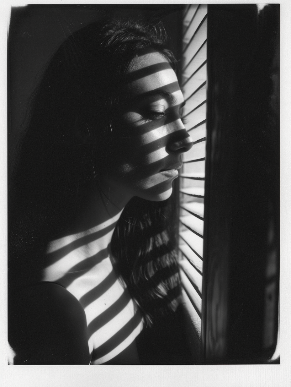 Claudia Black in ethereal black and white polaroid