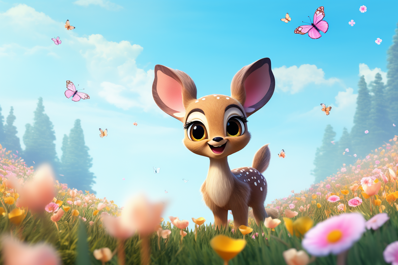 Clay Animation Style Fawn with Butterflies and Flower Field Image