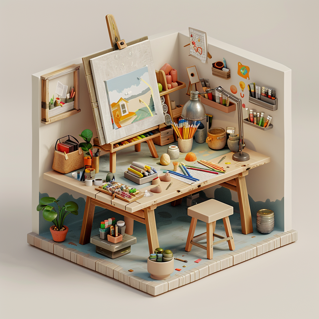 Isometric clay artist workstation view