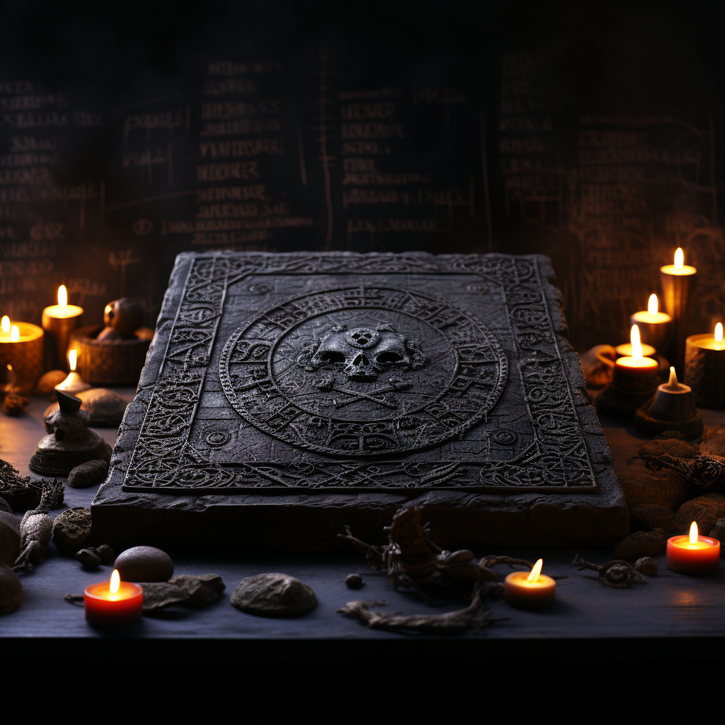 Dark fantasy movie still with clay tablet and ocult symbols