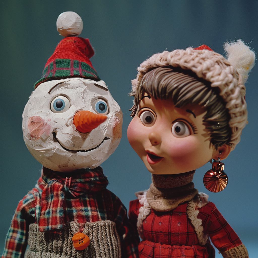 Boy and snowman in Christmas scene