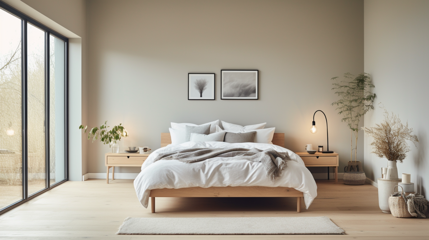 Clean and inviting bedroom with pale greyish off-white wall paint