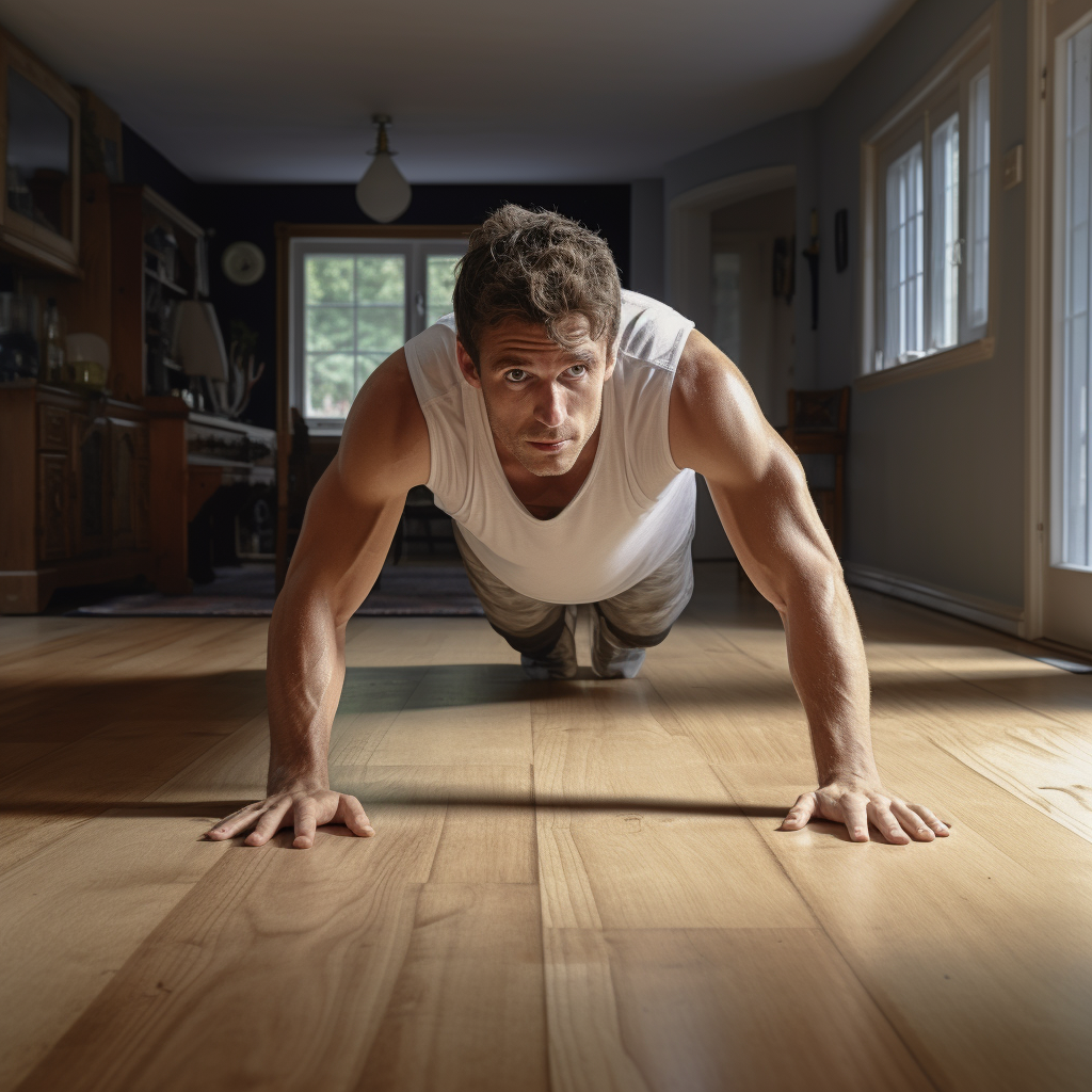 Fit man doing pushups on wood floor