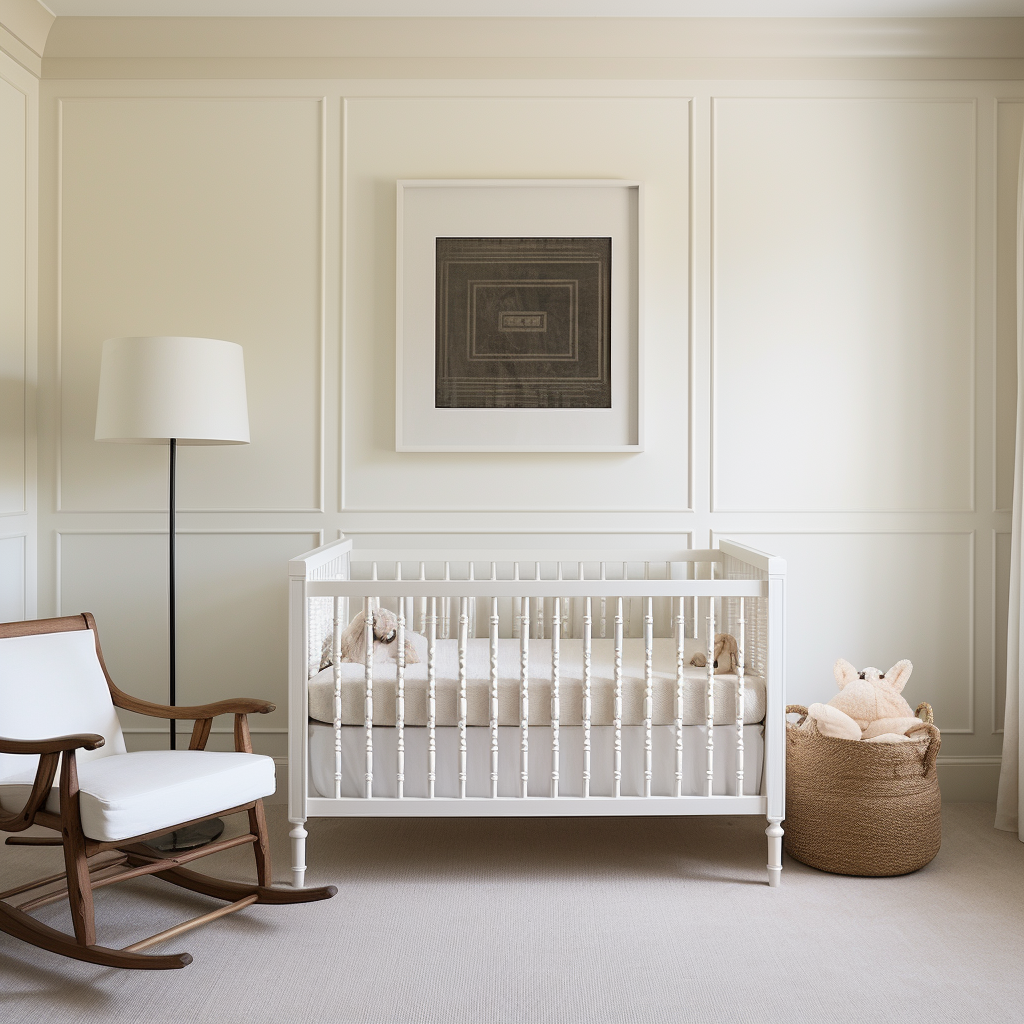 Clean traditional style nursery with blank wall and crib