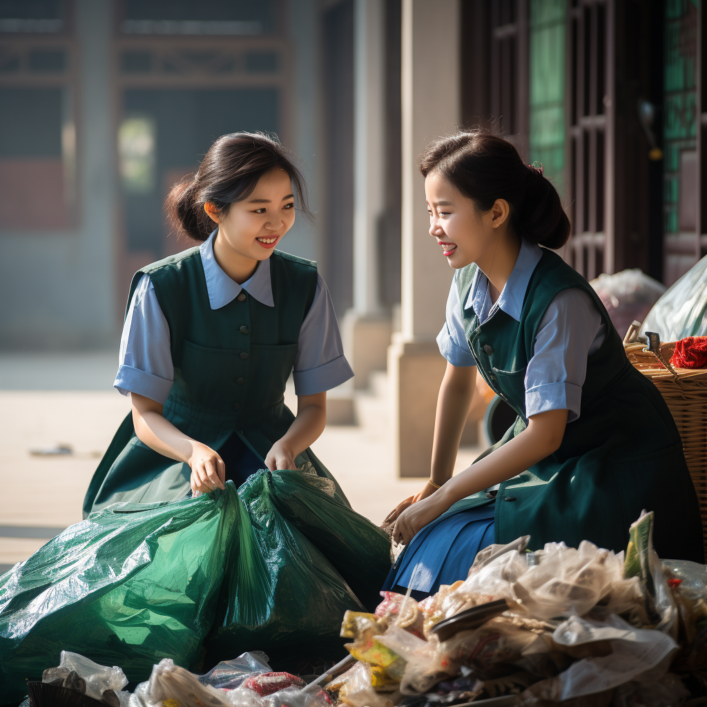 Two Young Chinese Cleaning Ladies Chatting and Packing Green Debris