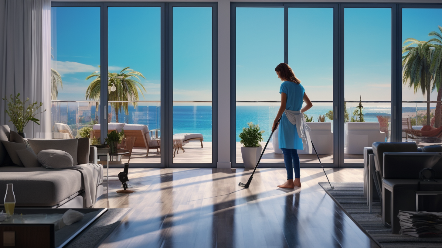 Smiling cleaning lady in beautiful beachfront apartment