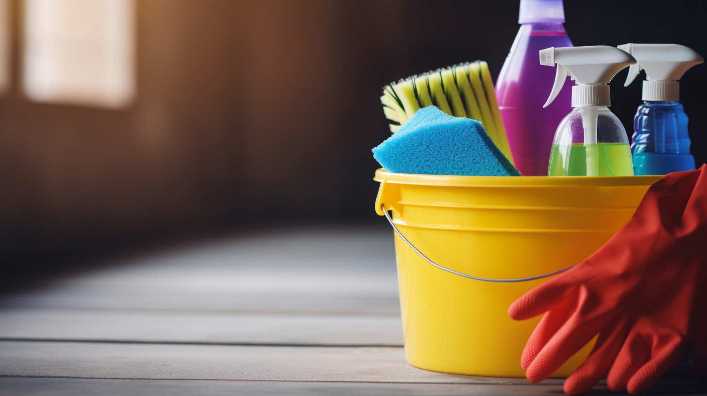 Cleaning woman holding bucket of chemicals in building