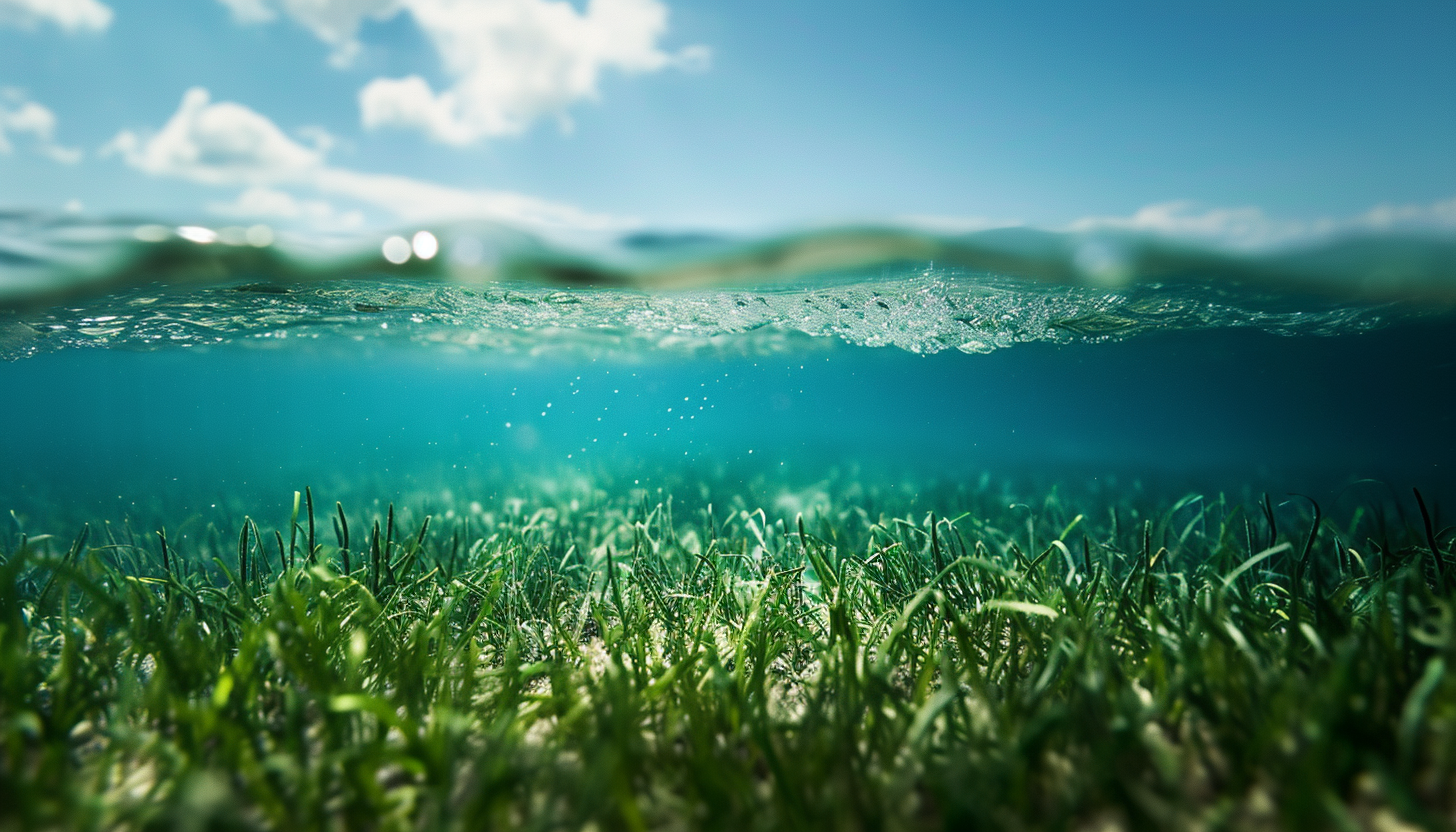 Clear blue underwater shot with grassy field