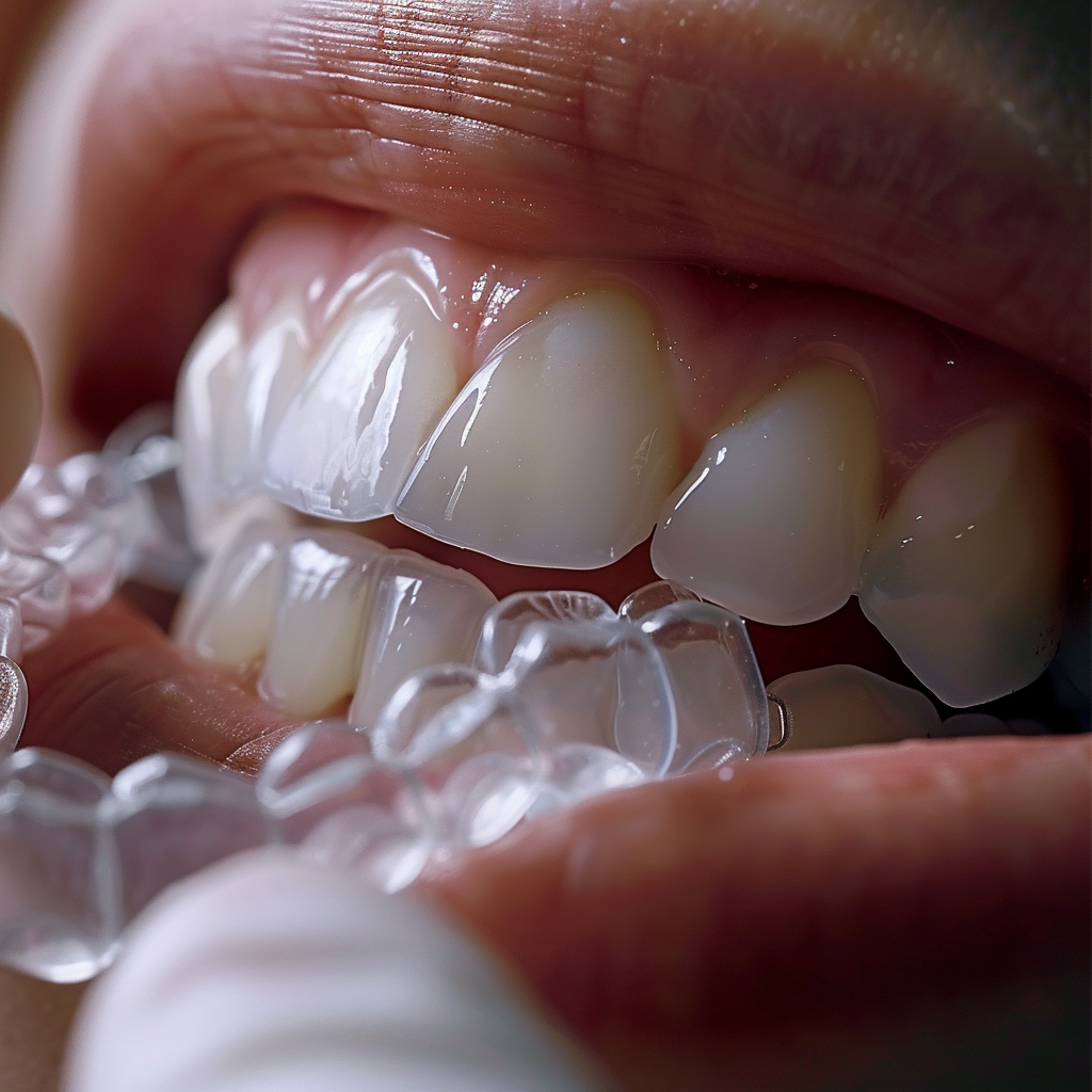 Person placing clear aligner on teeth