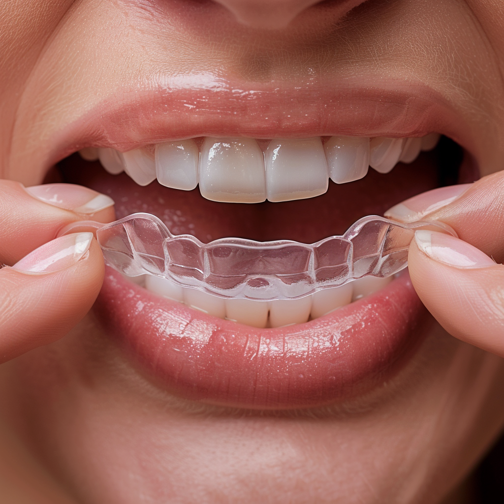 Person inserting clear dental aligner