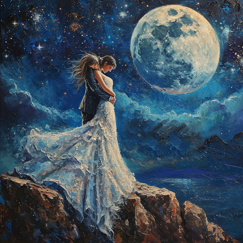 Embracing couple under moonlit sky