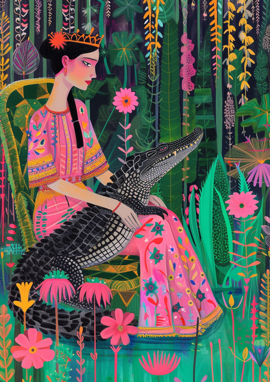 Cleopatra petting crocodile on throne