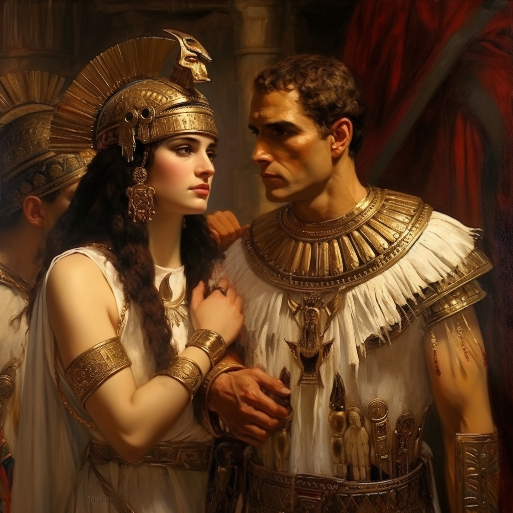 Historical depiction of Cleopatra with Julius Caesar and Mark Antony