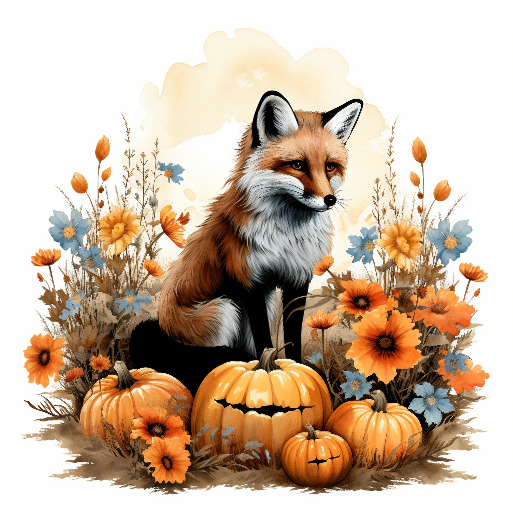 Clever fox with wildflowers and pumpkins