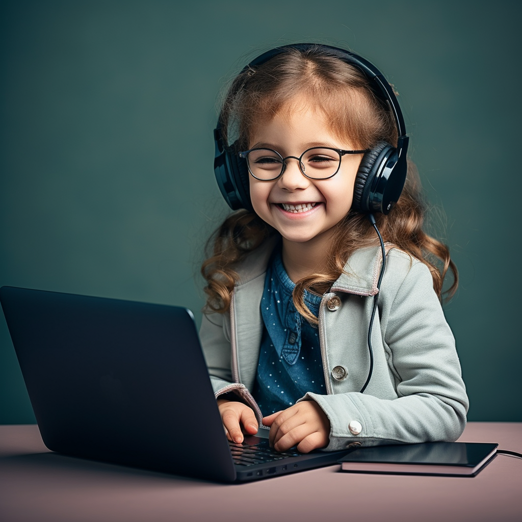 Smiling clever girl with sketchbook, laptop, and headphones