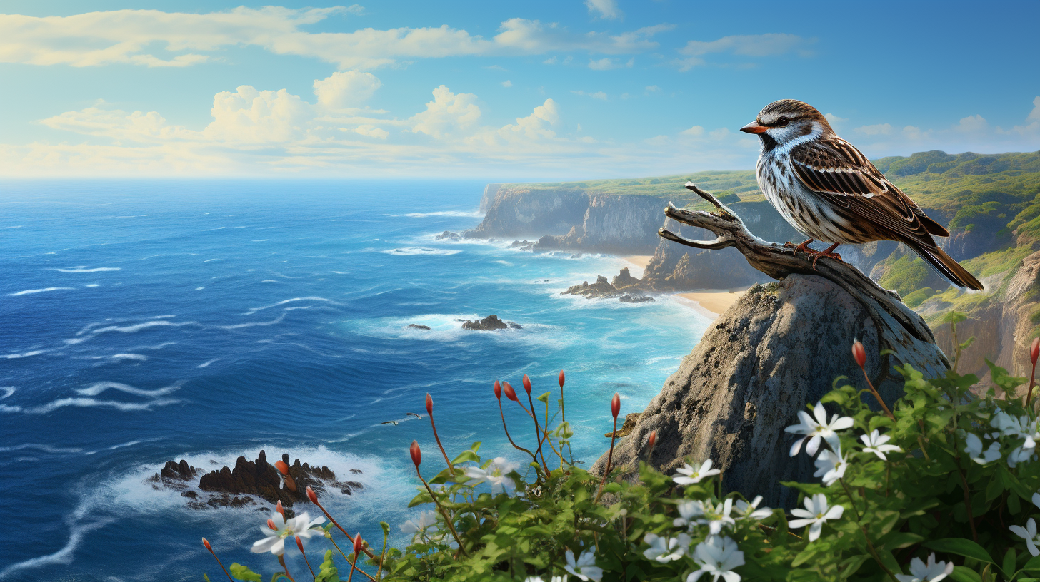 Majestic Sparrow and Whale on Cliff by the Ocean