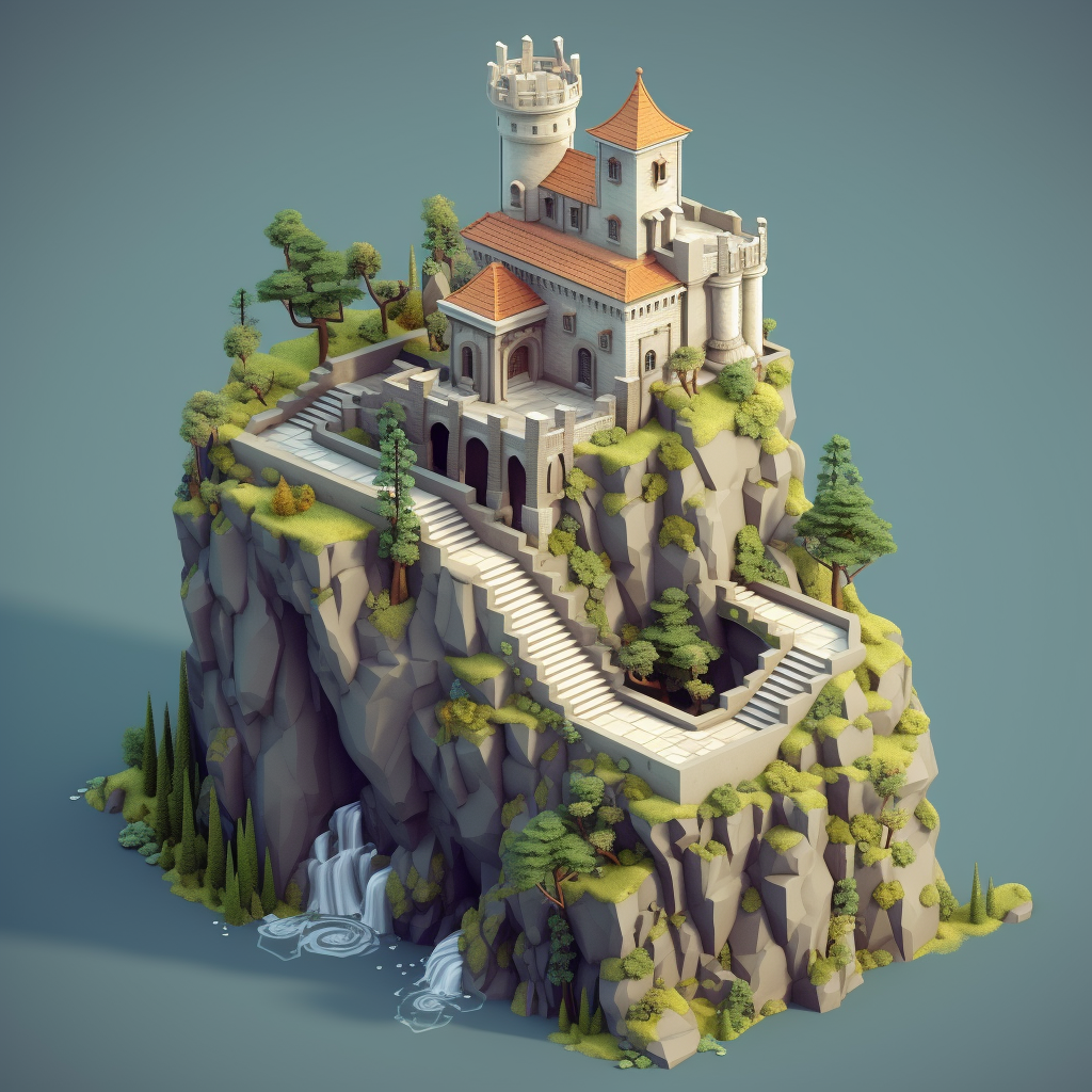 Castle on Steep Cliff Stairs Line Isometry