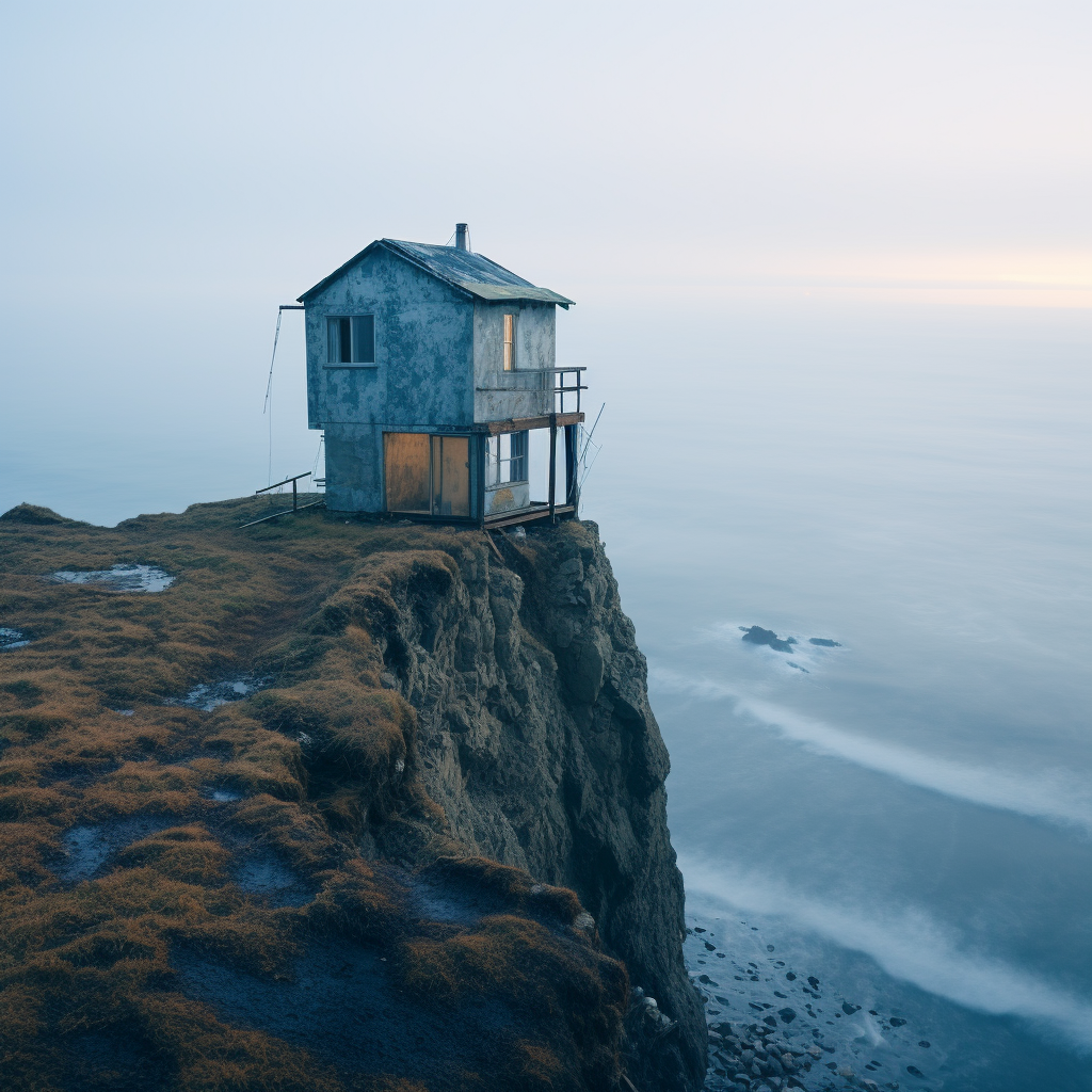 Monolithic house perched on ocean cliff