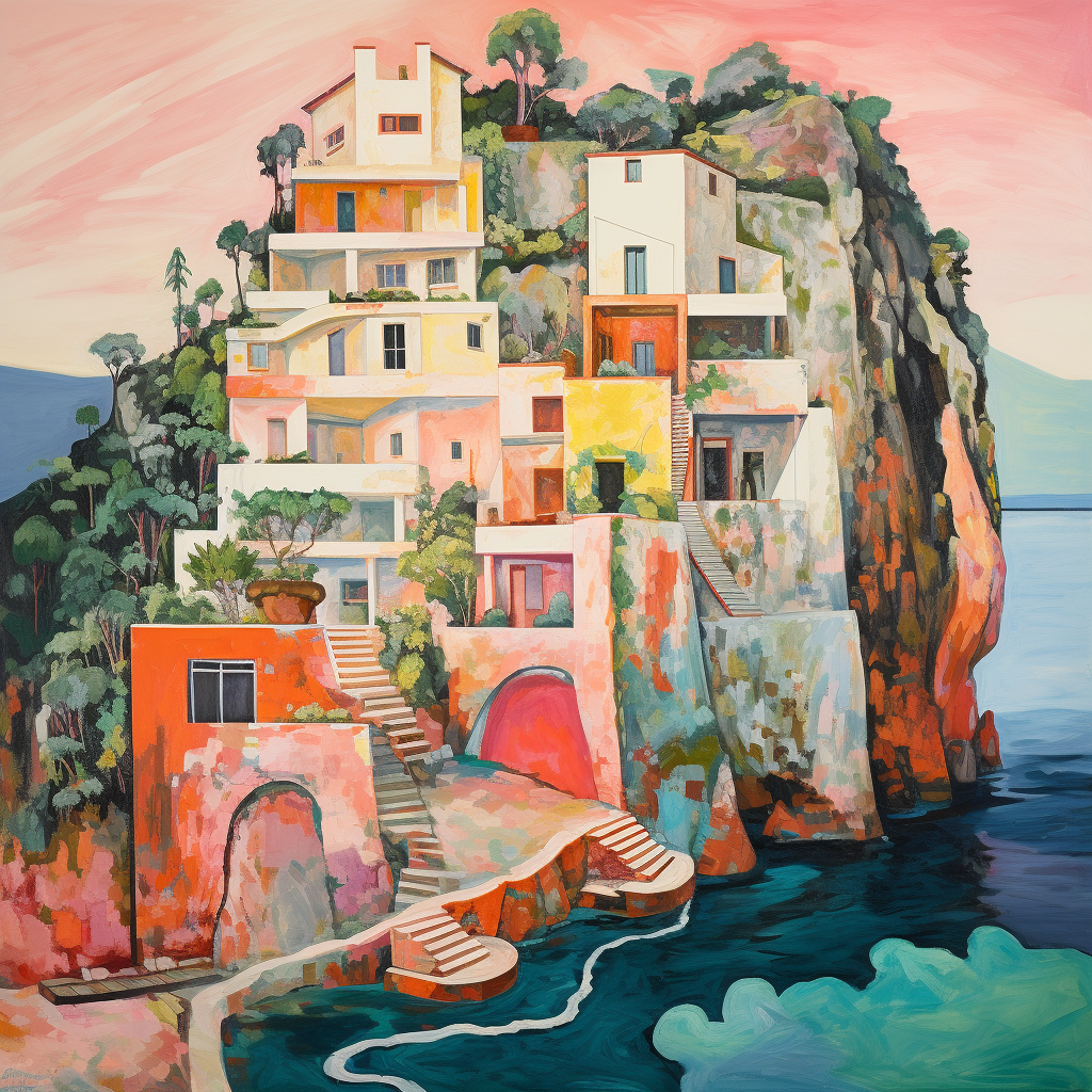 Beautiful painting of a cliffside villa